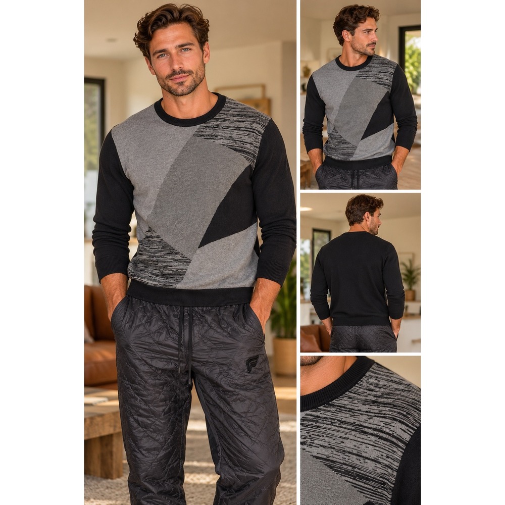 Alfani Mens Black Grey Geometric Colorblock Cotton Crewneck Sweater Large